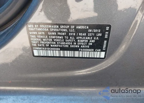 2013 Volkswagen Passat 2.5L Se from USA, damaged, VIN 1VWBH7A31DC002098
